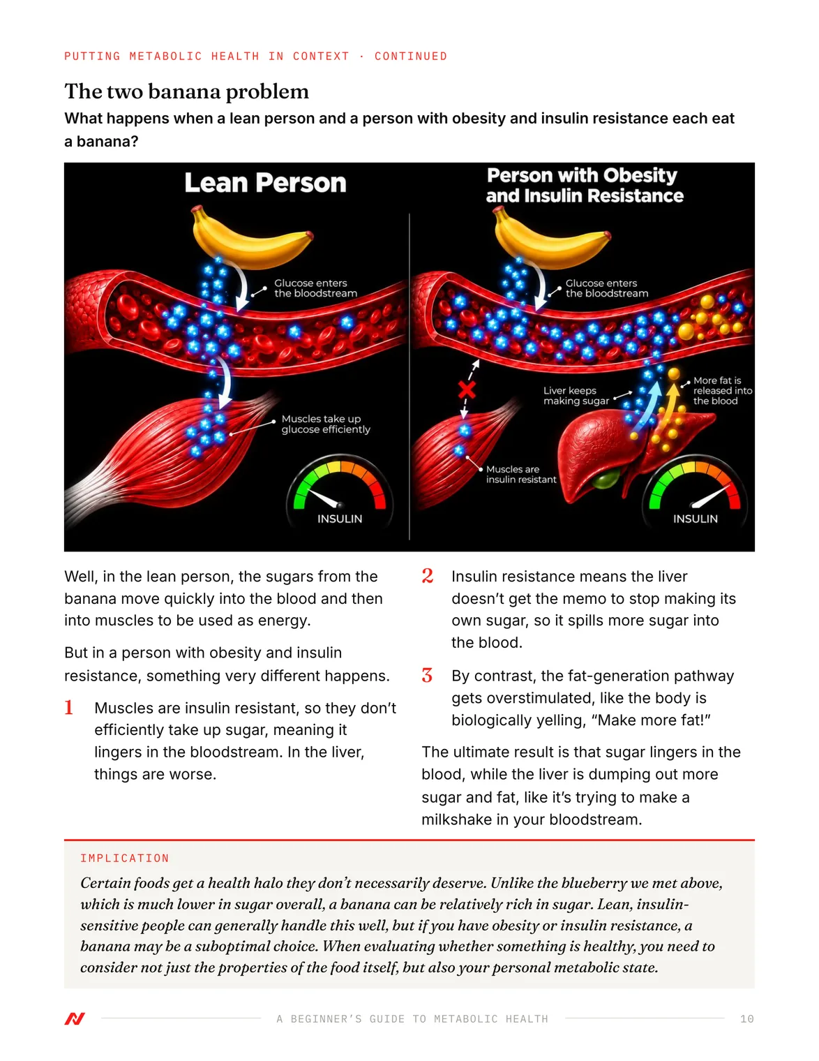 A page from inside the guide: The two banana problem, illustrating what happens when a lean person and a person with insulin resistance each eat a banana